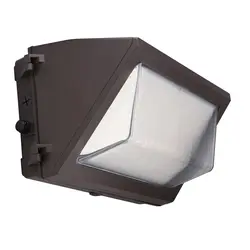 Bronze 150W LED wall pack fixture with clear glass lens, 5000K